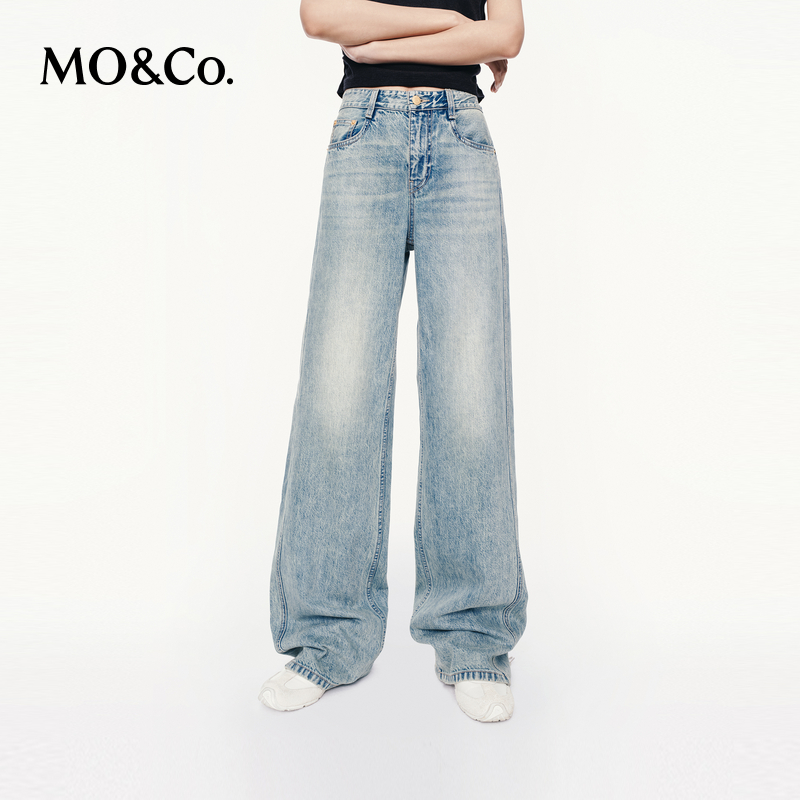 MOCO牛仔裤2025秋新品做旧洗褪浅蓝猫须擦色棉高腰直筒MBE3JEN009