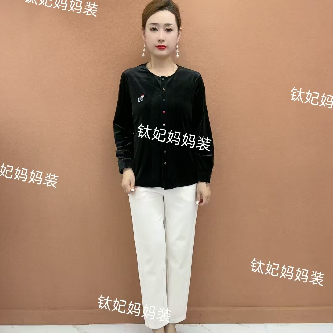 [极简]丝绒通勤拼色彩扣小马刺绣衬衣丝绒衬衫上衣