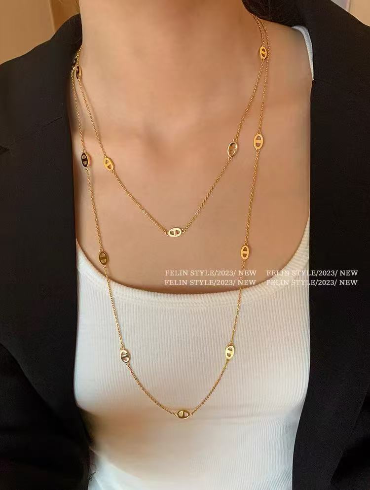 钛钢项链 双层长款高级可叠戴轻奢小众钛钢配饰锁骨毛衣链