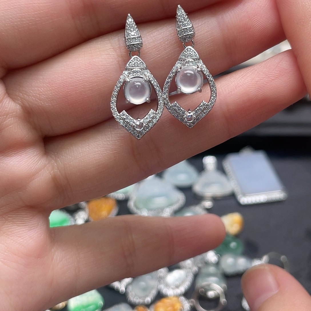 翡翠银S925镶嵌挂件耳钉