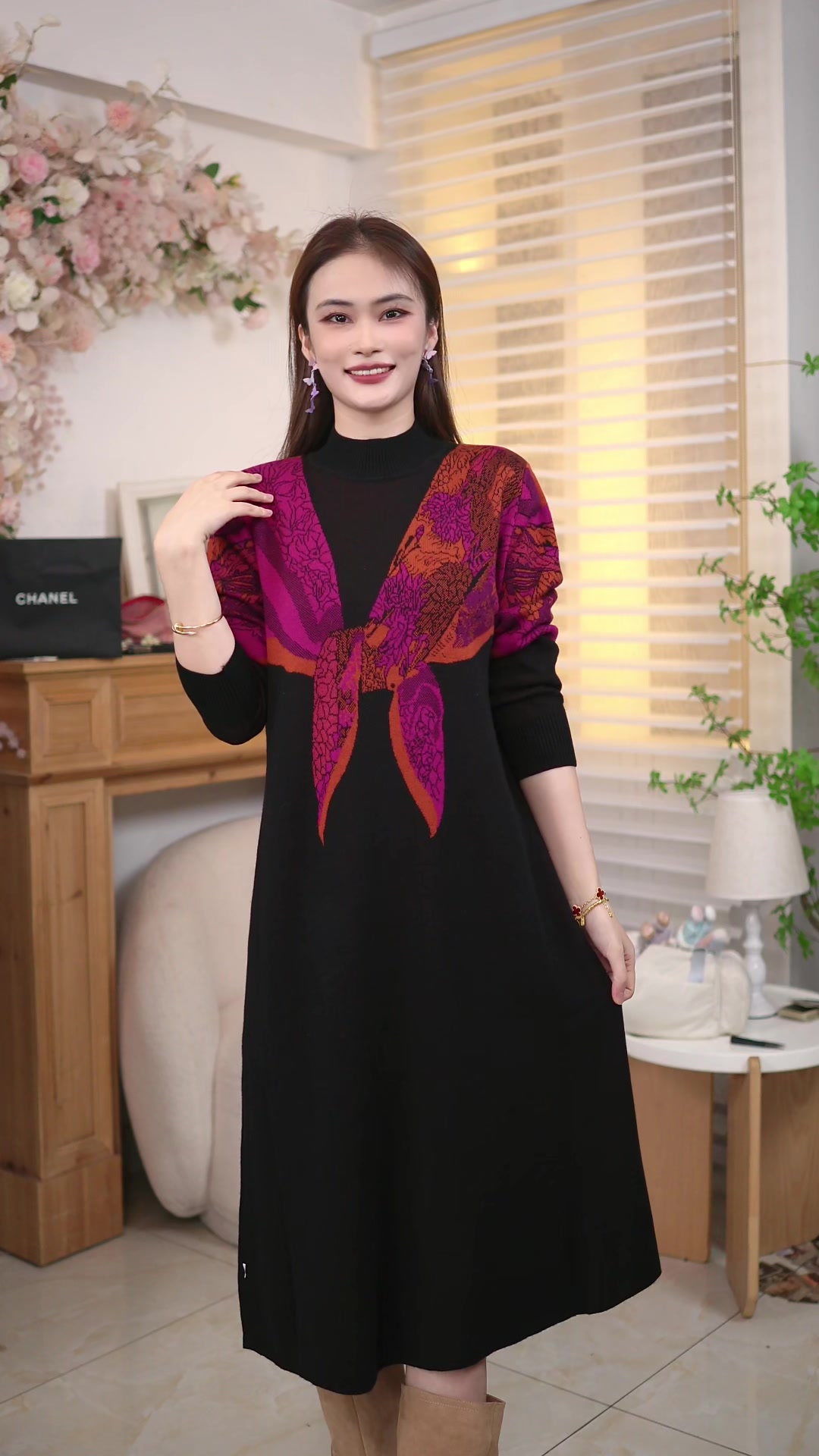 361（红窗花长款）秋冬长款百搭提花慵懒风气质针织连衣裙