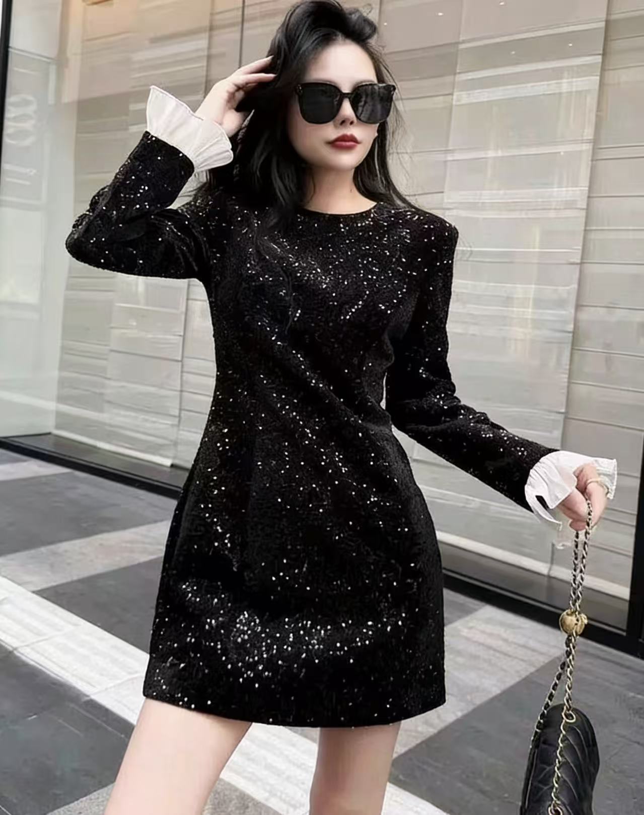 SS25882深圳南油高端女装欧货高级感年会晚礼服中长款亮片连衣裙