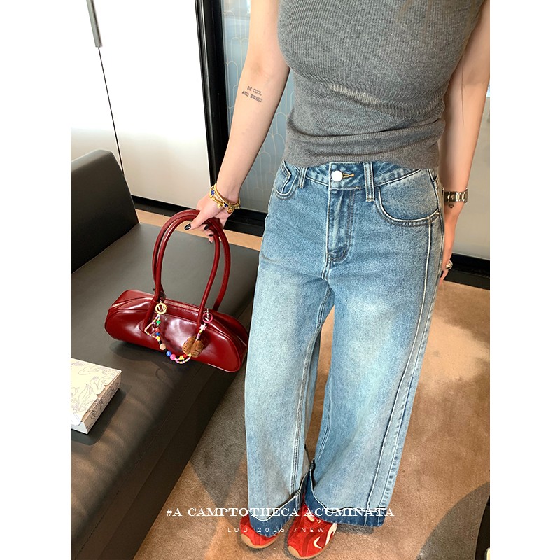 LUU桃喜儿/高腰阔腿直筒牛仔裤女夏宽松水洗做旧长裤设计感裤子