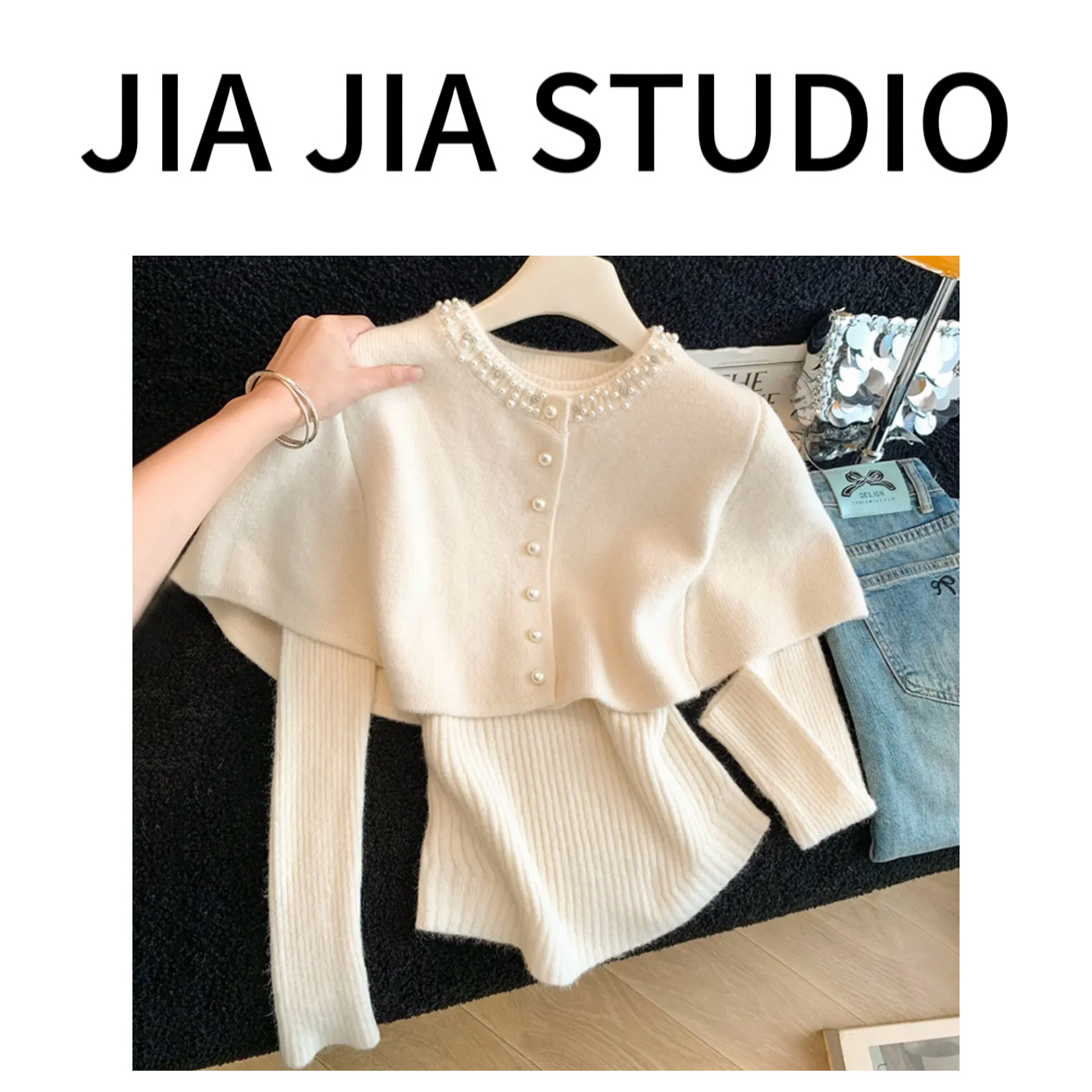 嘉嘉推荐#1098【冬季加厚款】气质针织披肩两件套