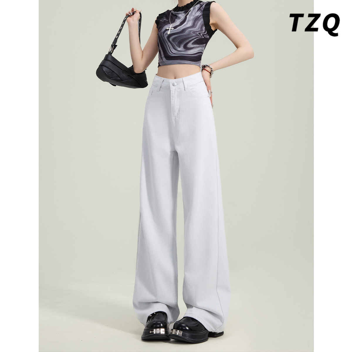 韩系高腰垂感牛仔裤女2025新款百搭显瘦宽松直筒阔腿裤TZQ2522053
