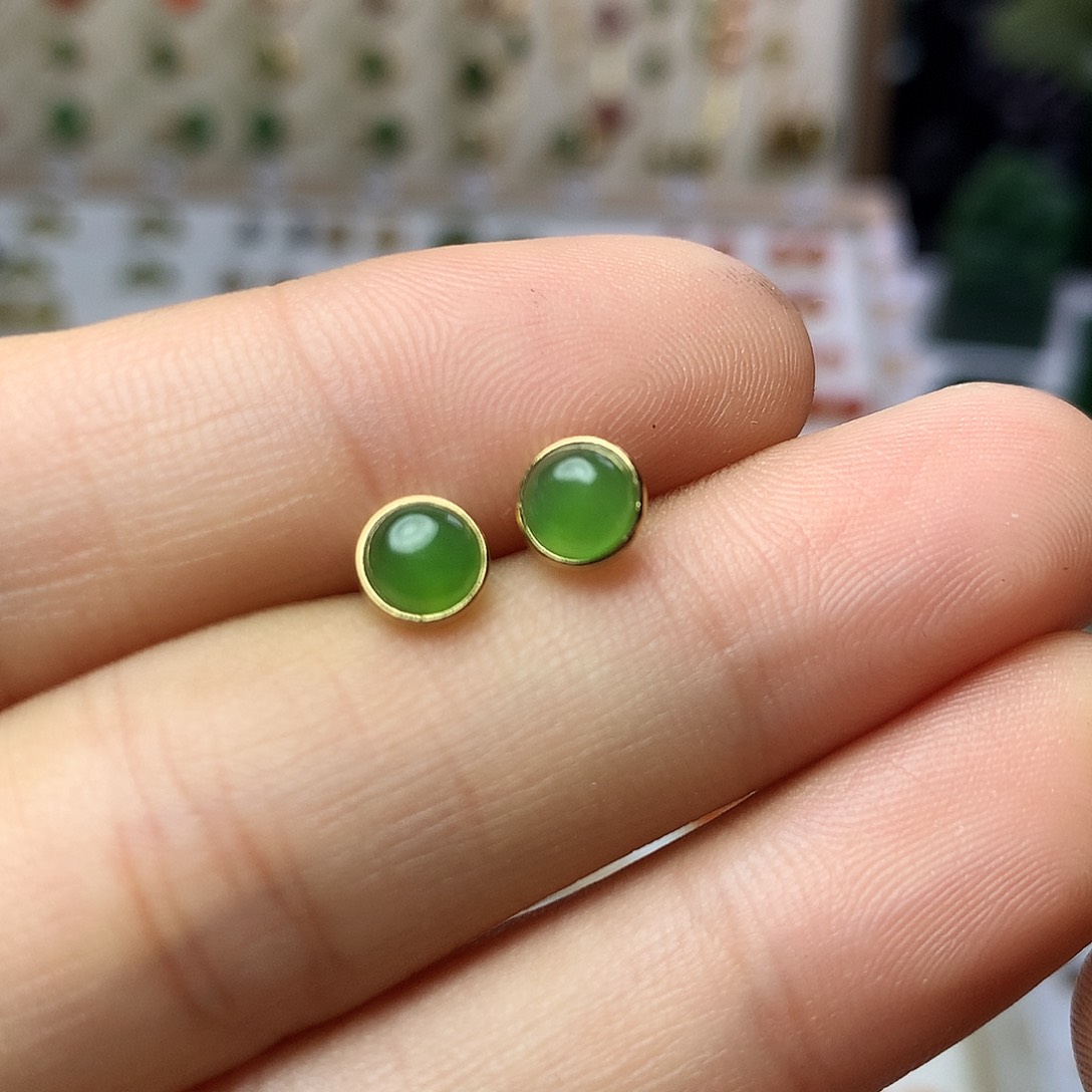 银S925镀金镶嵌和田玉（碧玉）耳饰