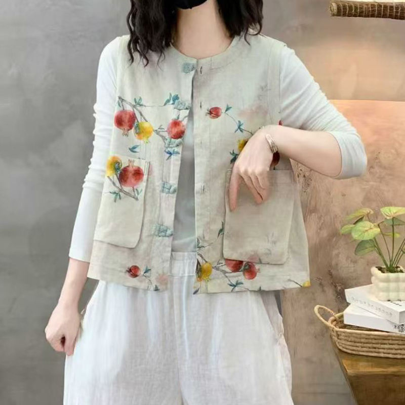 复古盘扣双面穿印花国风马甲女新款文艺宽松大码坎肩外套