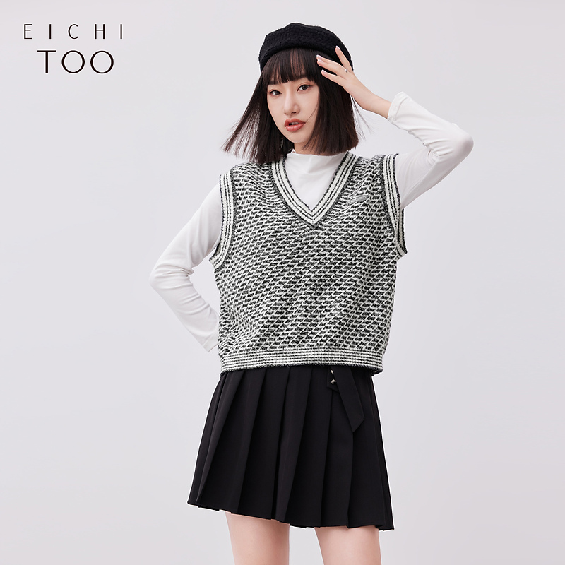 爱居兔春季灰色系几何形肌理感针织衫背心马甲ENZSJ1N003A