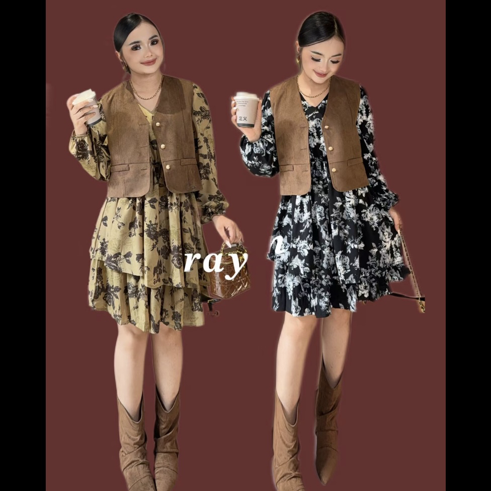 Rayhon秋季时尚气质显瘦长袖印花连衣裙搭配马甲两件套装女