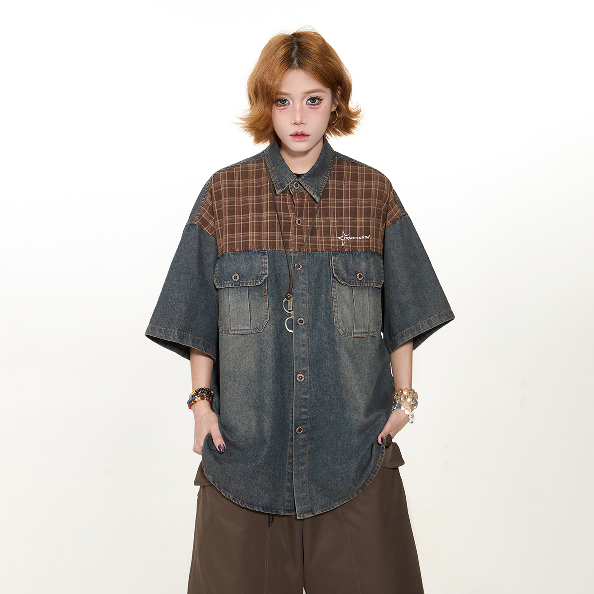 出前一町夏季新款格子拼接ins风气质衬衫男女同款休闲宽松上衣