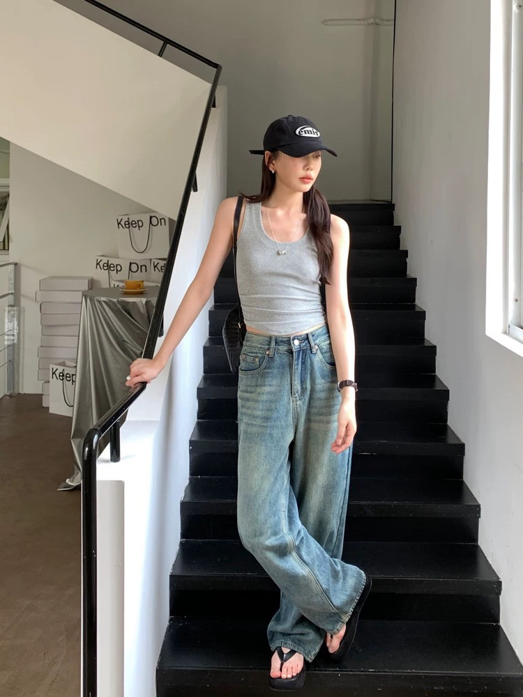 【N26112】港风复古水洗做旧直筒牛仔裤男女同款