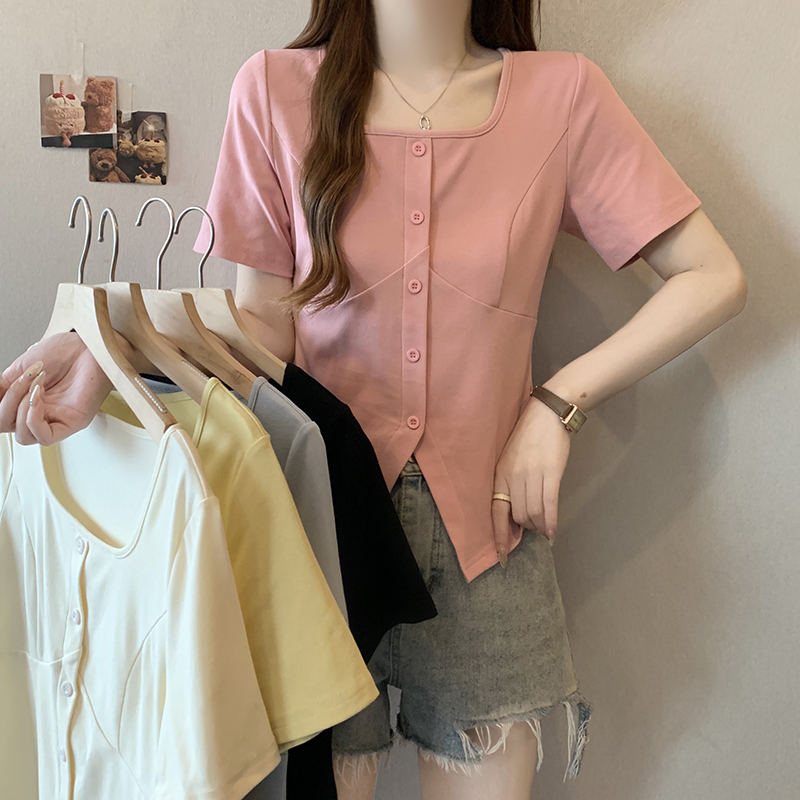 【晓晓】2025夏装新款胖mm大码女简约设计感修身显瘦正肩短袖T恤