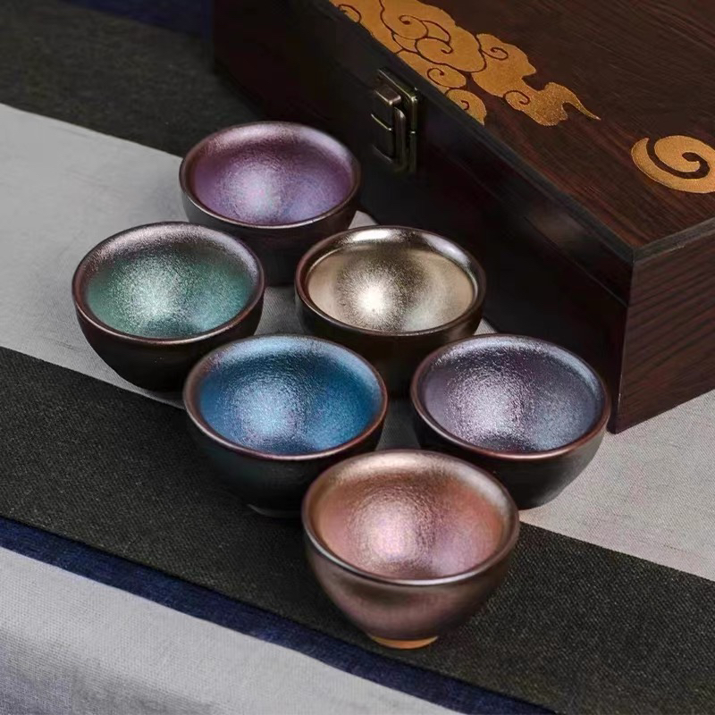 流光溢彩六色杯茶盏带礼盒