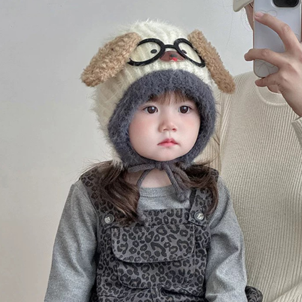 儿童帽子可爱眼镜卡通毛绒套头帽男女宝宝冬季保暖系带针织护耳帽