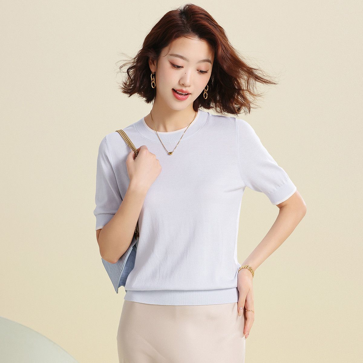 【达人】赛兔含桑蚕丝针织衫女时尚休闲上衣减龄撞色条纹短袖T恤