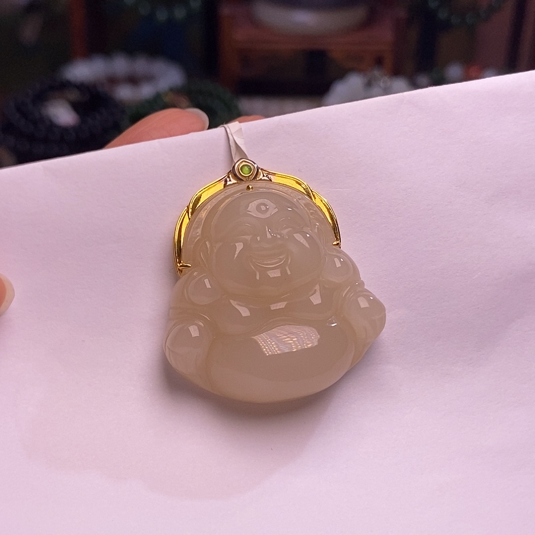 和田玉未镶嵌颈饰收藏级金镶浓藕粉佛公吊坠