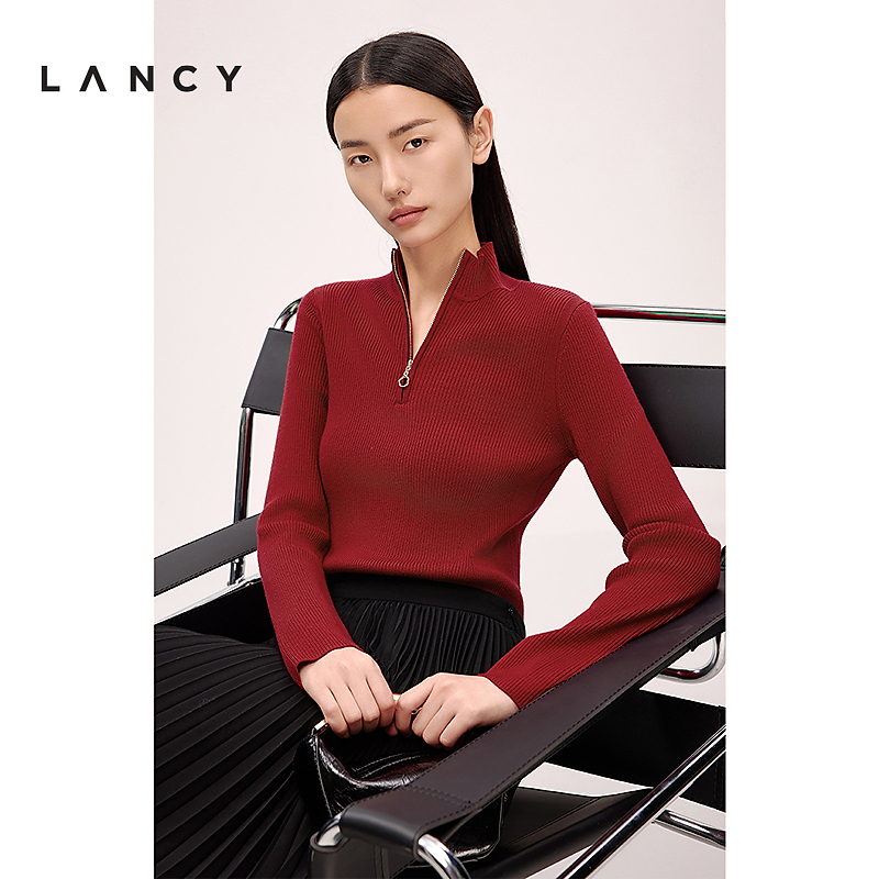 LANCY/朗姿2025春羊毛坑条半高领拉链红色针织衫气质百搭打底衫女