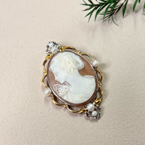 【六六中古】孤品复古卡梅奥贝壳淡水珍珠s925胸针吊坠两用ad5587
