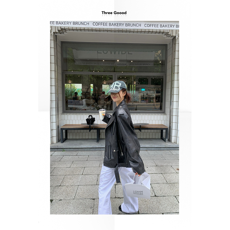 THREE GOOOD/三吉里约拉链设计皮夹克外衣 SW240787