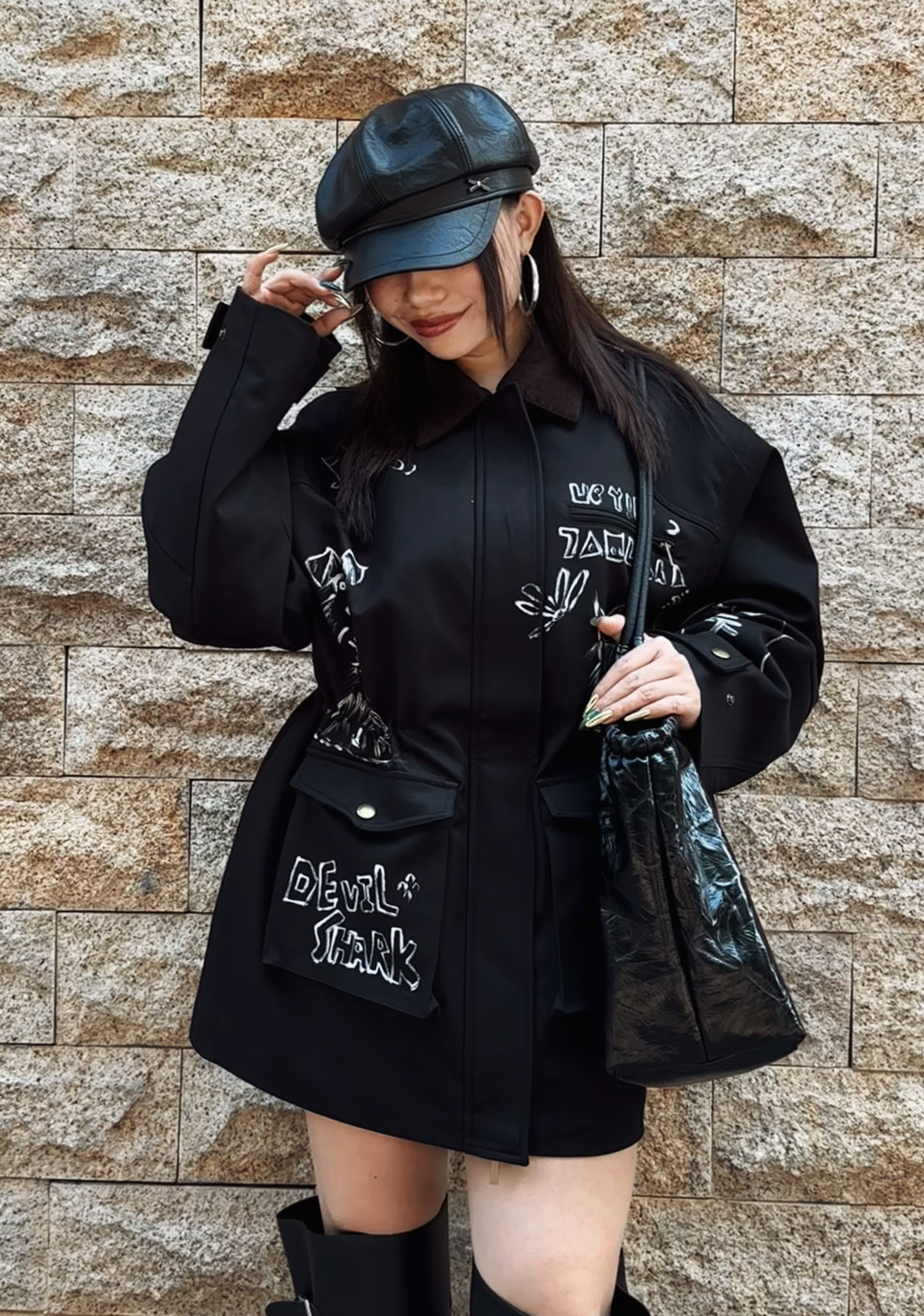 【趣味巴恩】冬季手工涂鸦 巴恩风三防长款酷飒显瘦气质棉服外套