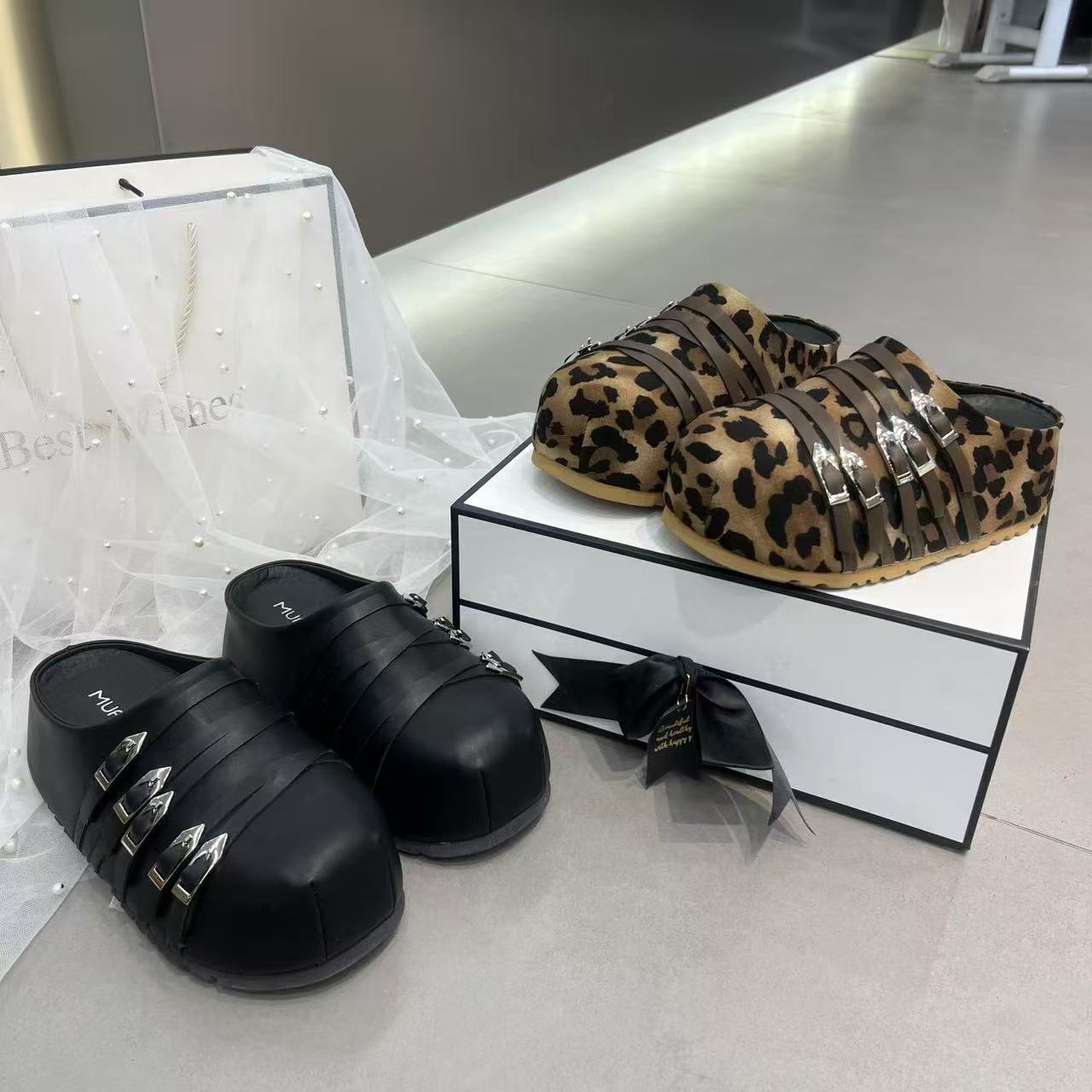 XS包头豹纹胶粘鞋百搭极简风包头拖半拖凉拖厚底潮流时尚休闲