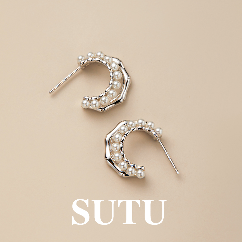 925银仿珍珠耳饰  法式高级感珠珠耳环双层耳圈设计时髦精致耳饰