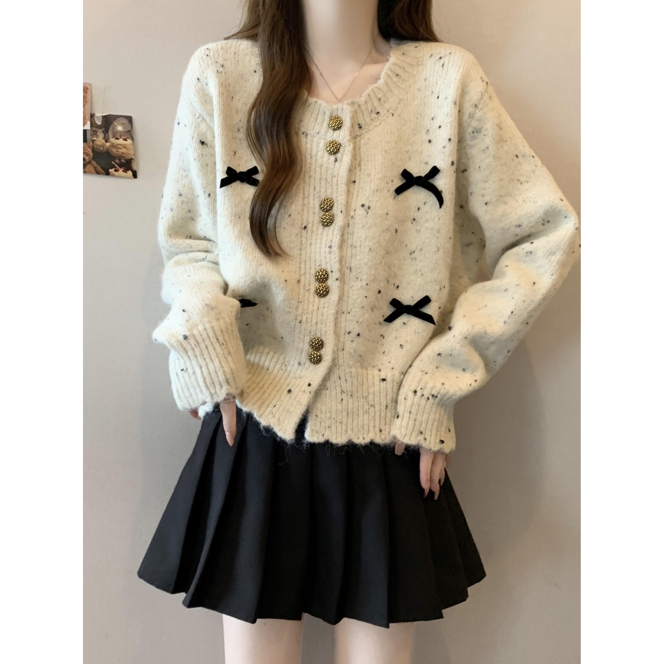 韩系chic彩点针织开衫女2025秋冬新款大码胖mm短款蝴蝶结毛衣外套