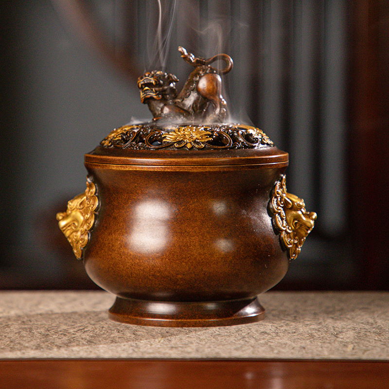 【臧风杰手工制】苏工精炼黄铜手工炉双狮耳狮子戏绣球熏炉家用香炉