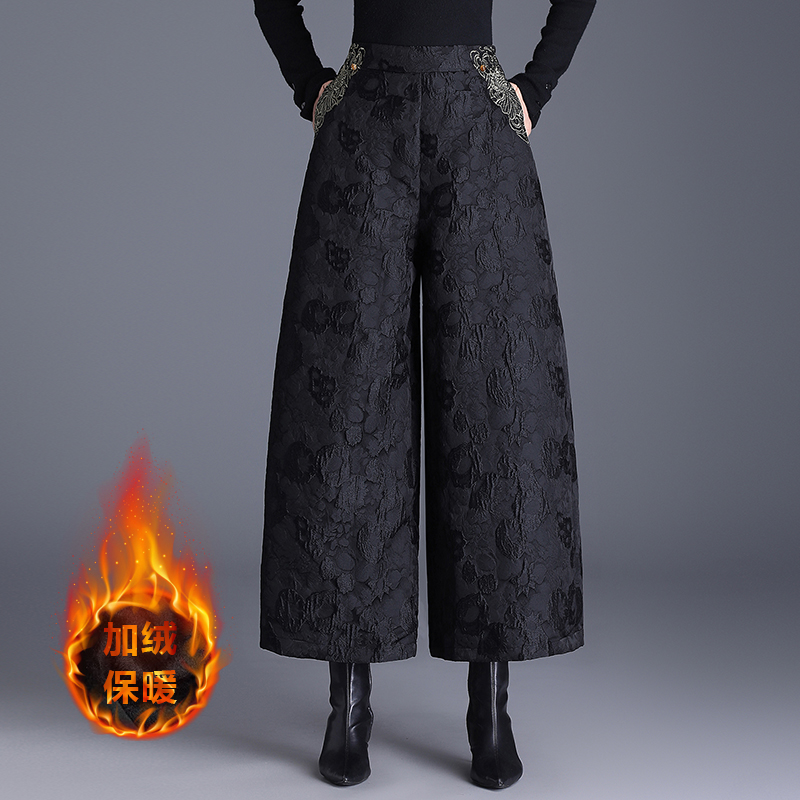刺绣时尚提花阔腿裤冬季新款高腰加绒保暖休闲长裤女国风