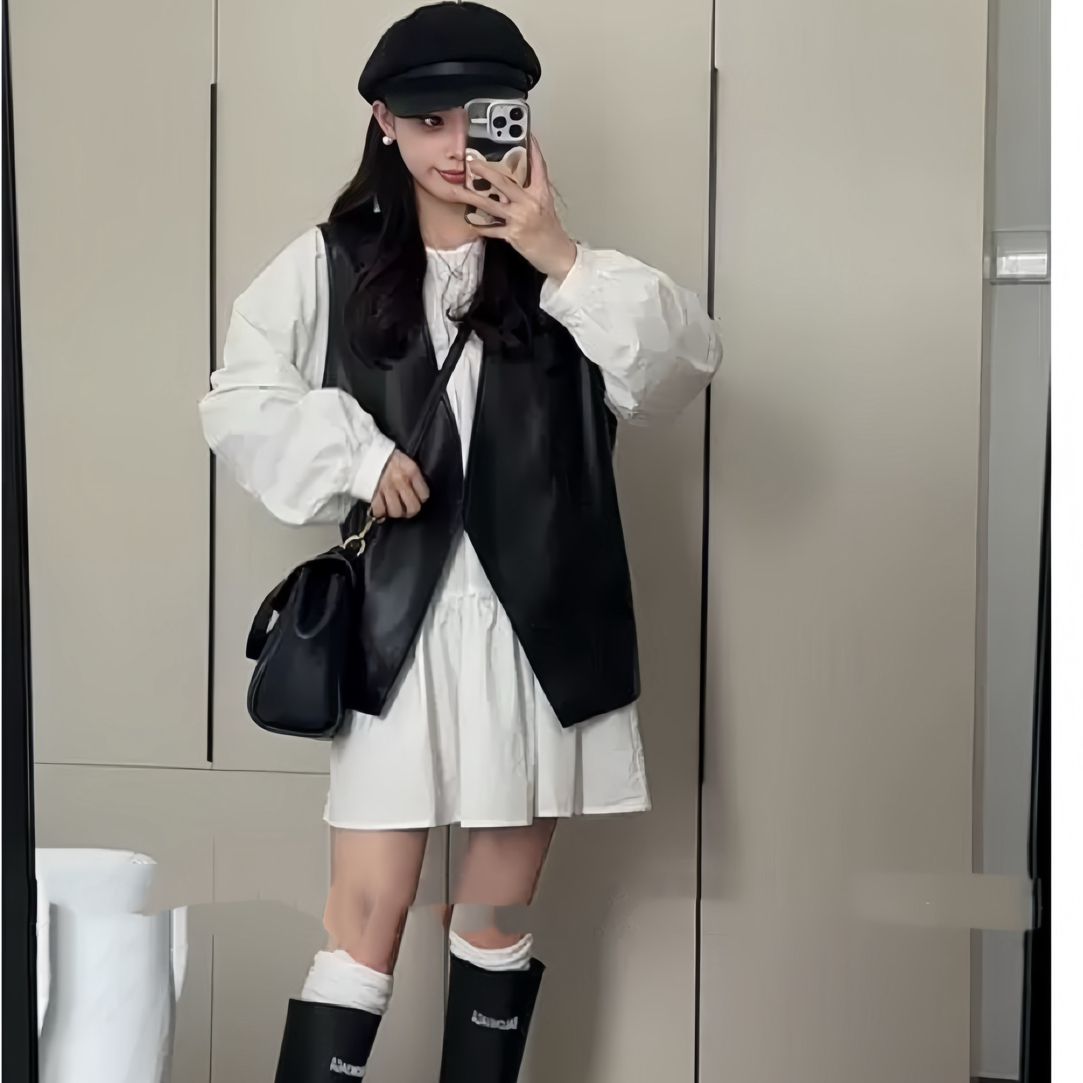 大码胖mm2025秋季显瘦休闲时尚气质衬衫连衣裙皮马甲套装女装宽松