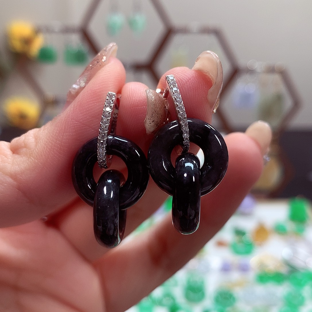 翡翠耳饰银S925镶嵌天然翡翠