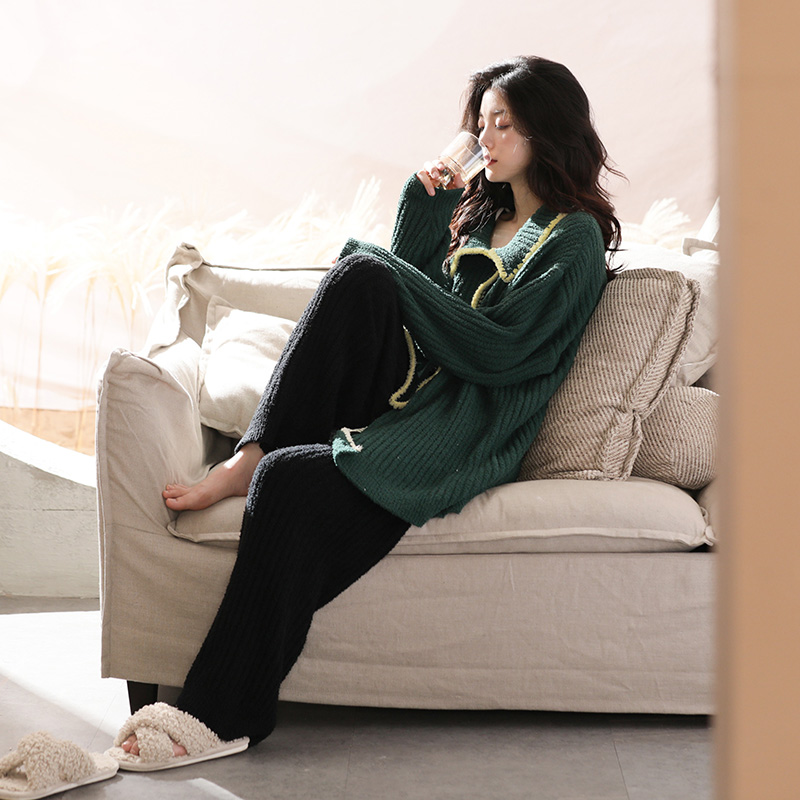 冬季松紧带中长款成人加厚时尚纯色睡衣长袖套装女生韩版宽松