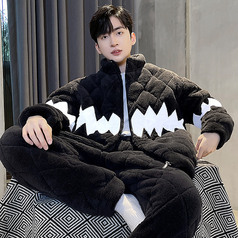 大码冬季男款立领拉链睡衣珊瑚绒夹棉三层加厚保暖法兰绒家居服