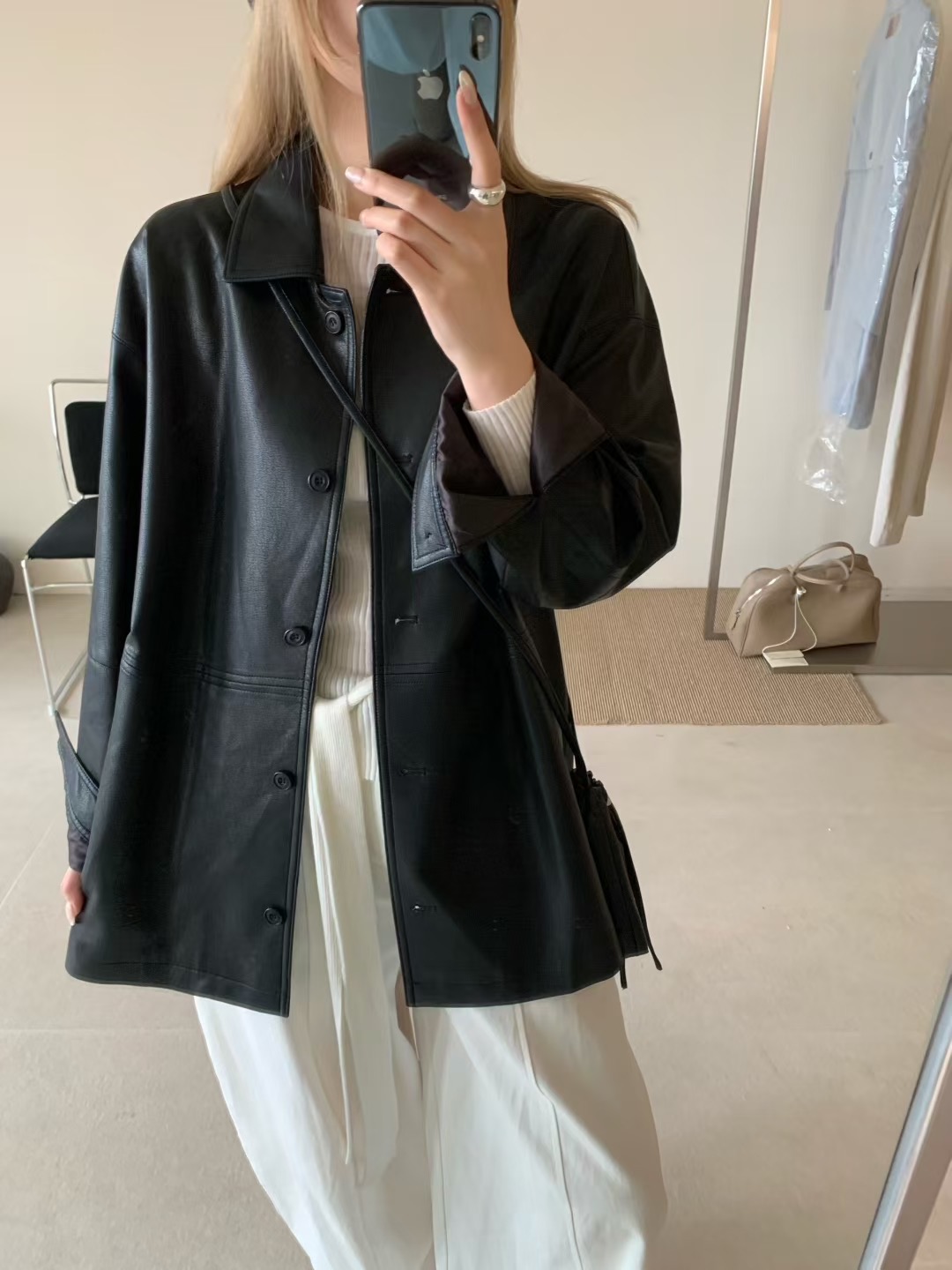 橙子推荐~显瘦中长款外套女款皮衣55-69