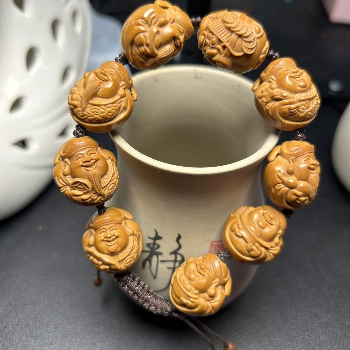 橄榄核短园精工八方来财文玩手串