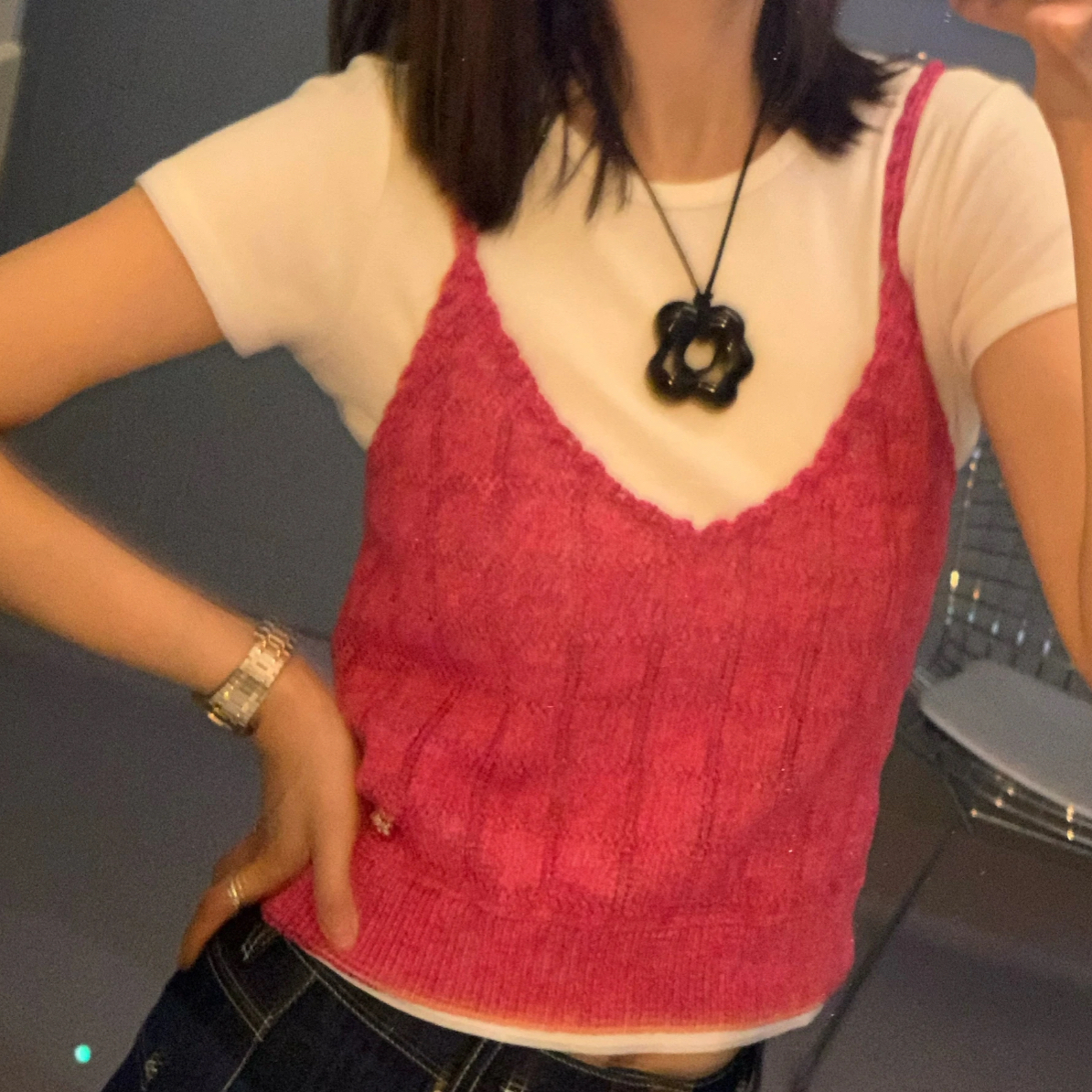 99新 Chanel/香奈儿 24P火龙果色针织吊带38码