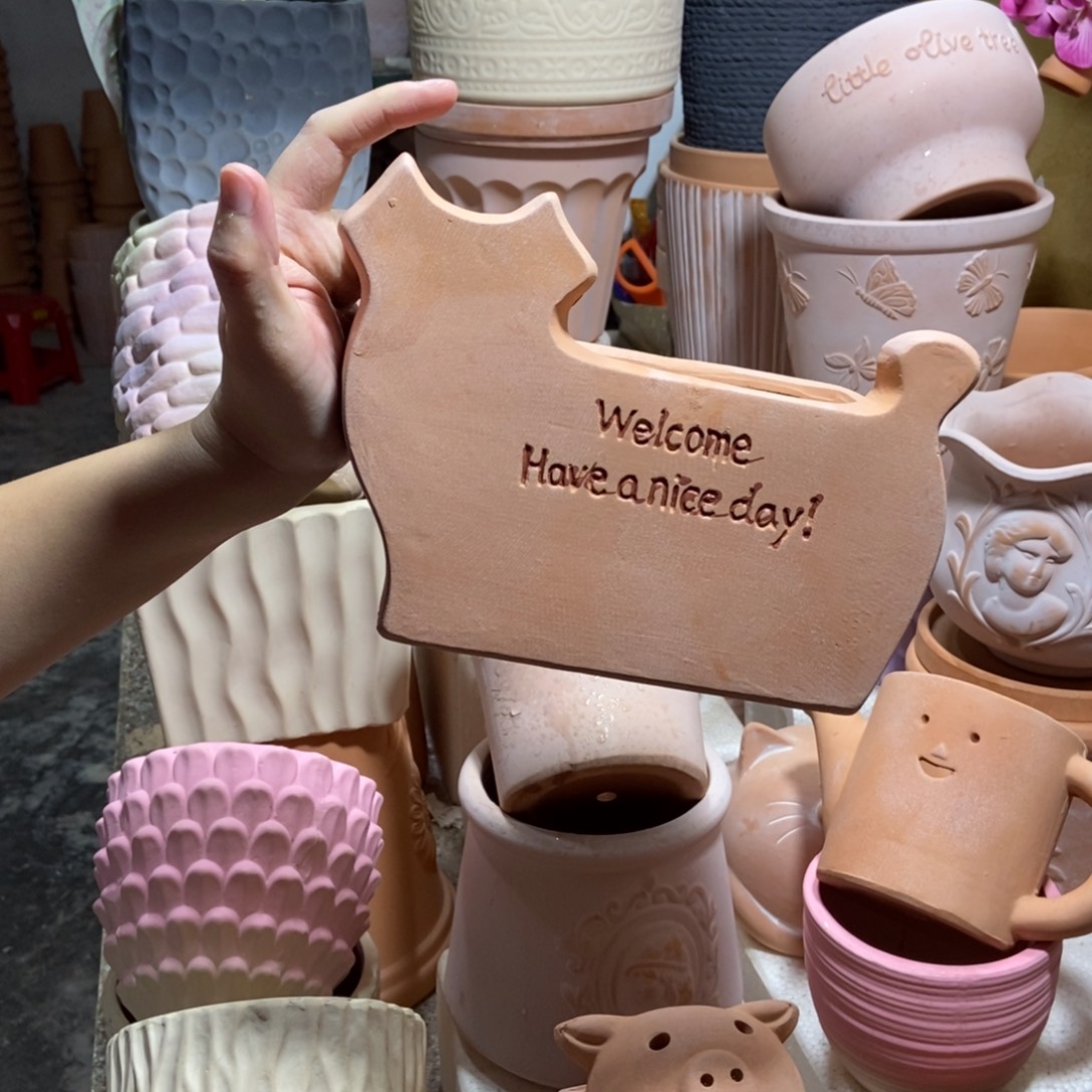 20×15手工长方猫咪花盆 粗陶1个