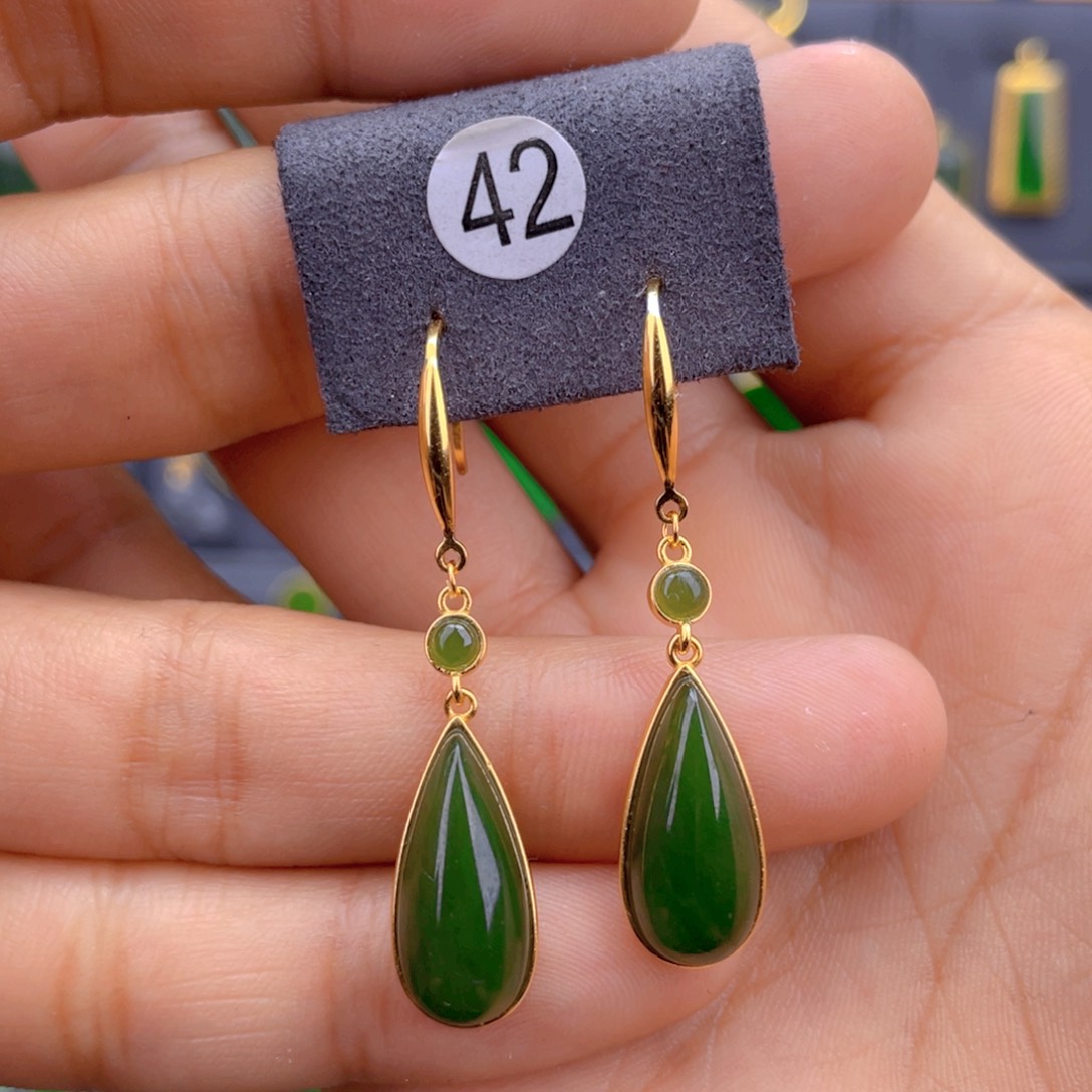 和田玉（碧玉）银S925镶嵌耳饰42