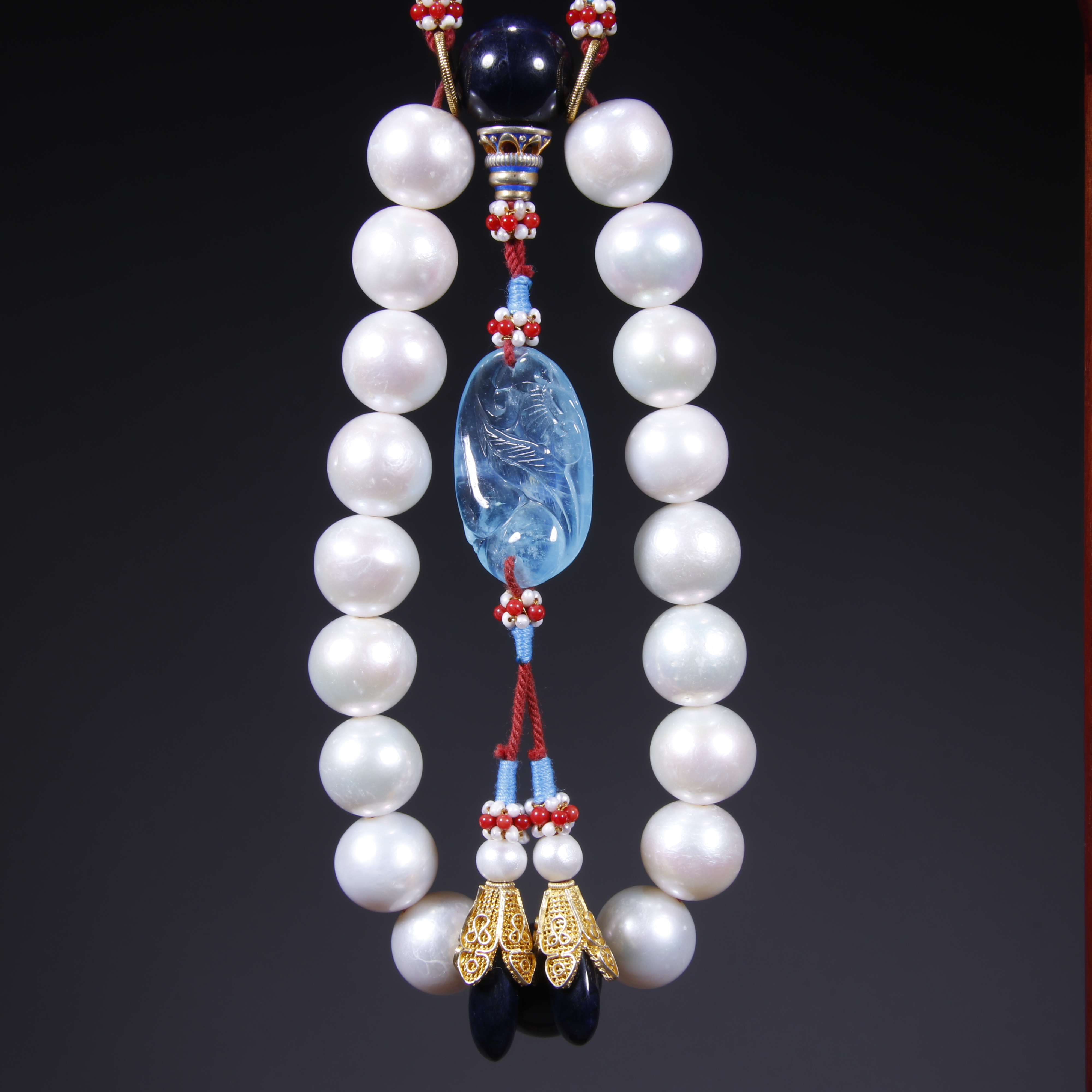 清代 珍珠十八籽配海蓝宝手持 86188 W 毕