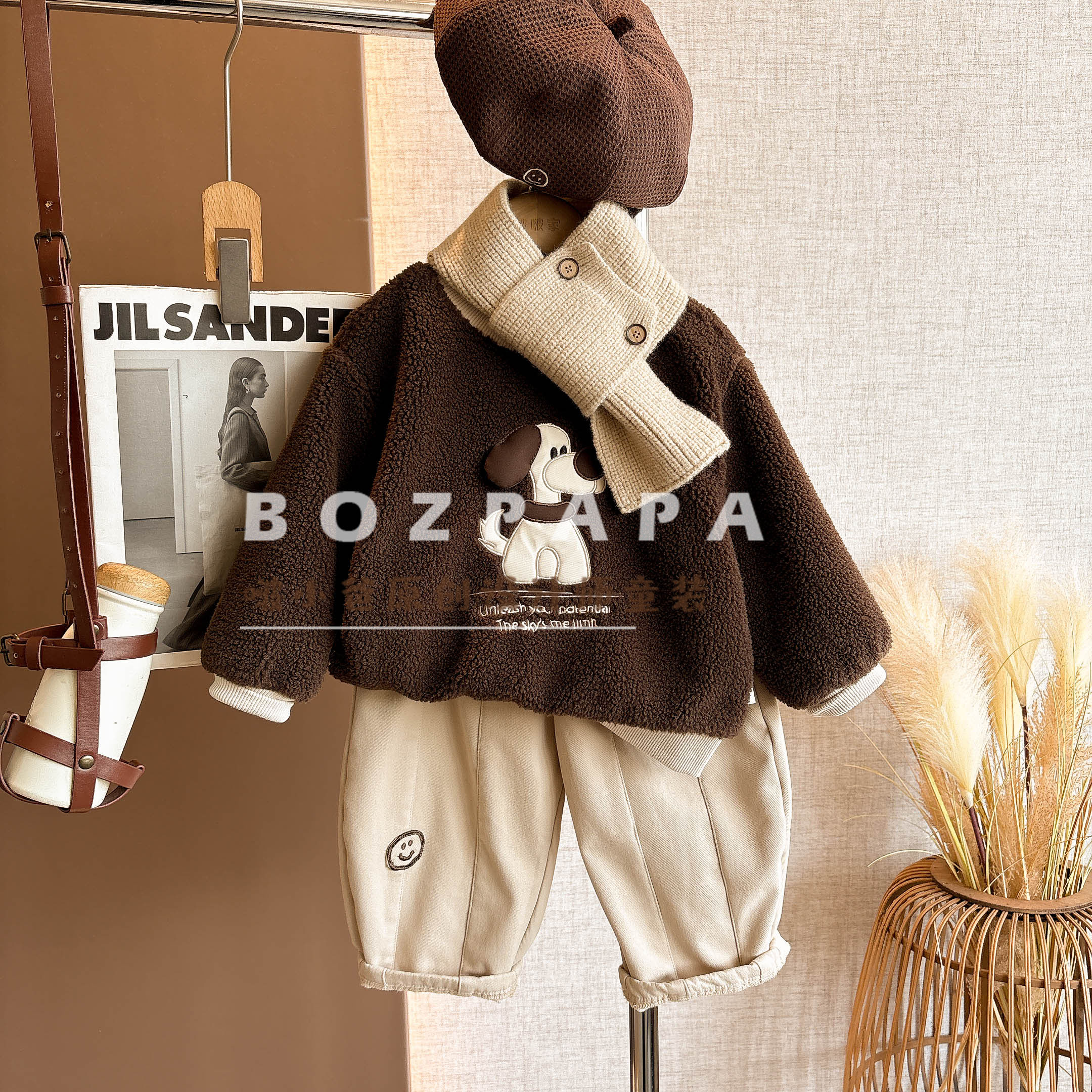 现货啵小爸【幸福小狗】2025秋冬季男童仿羊羔绒厚实狗狗花纹卫衣