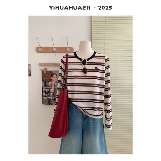 东大门韩国原单夏款撞色条纹休闲慵懒透气长袖防晒T恤3727