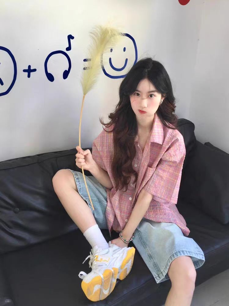 25812*短袖格纹夏季常规衬衫小众百搭复古法式宅萌系