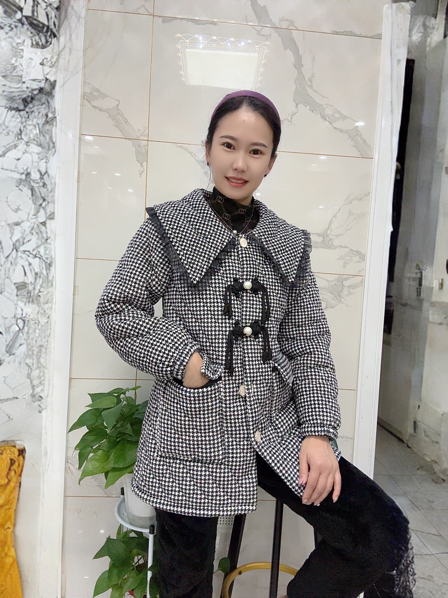 2071新款千鸟格三层加厚保暖套装家居服外出款