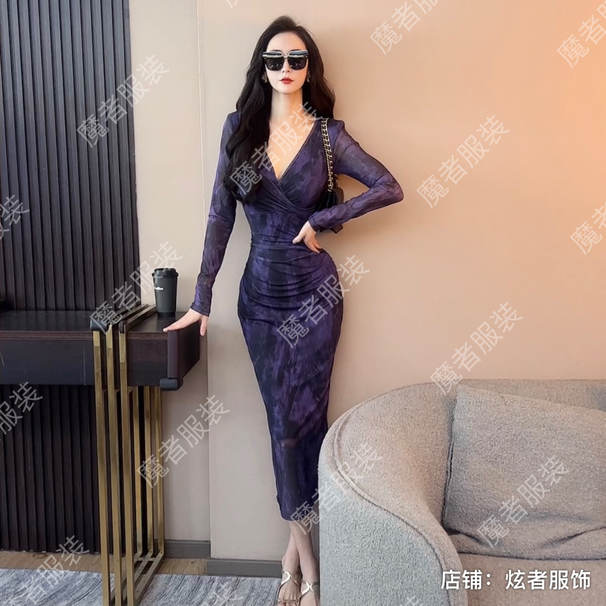 魔者家网纱款【气质紫调】新款时尚性感修身气质显瘦弹力长款连衣裙