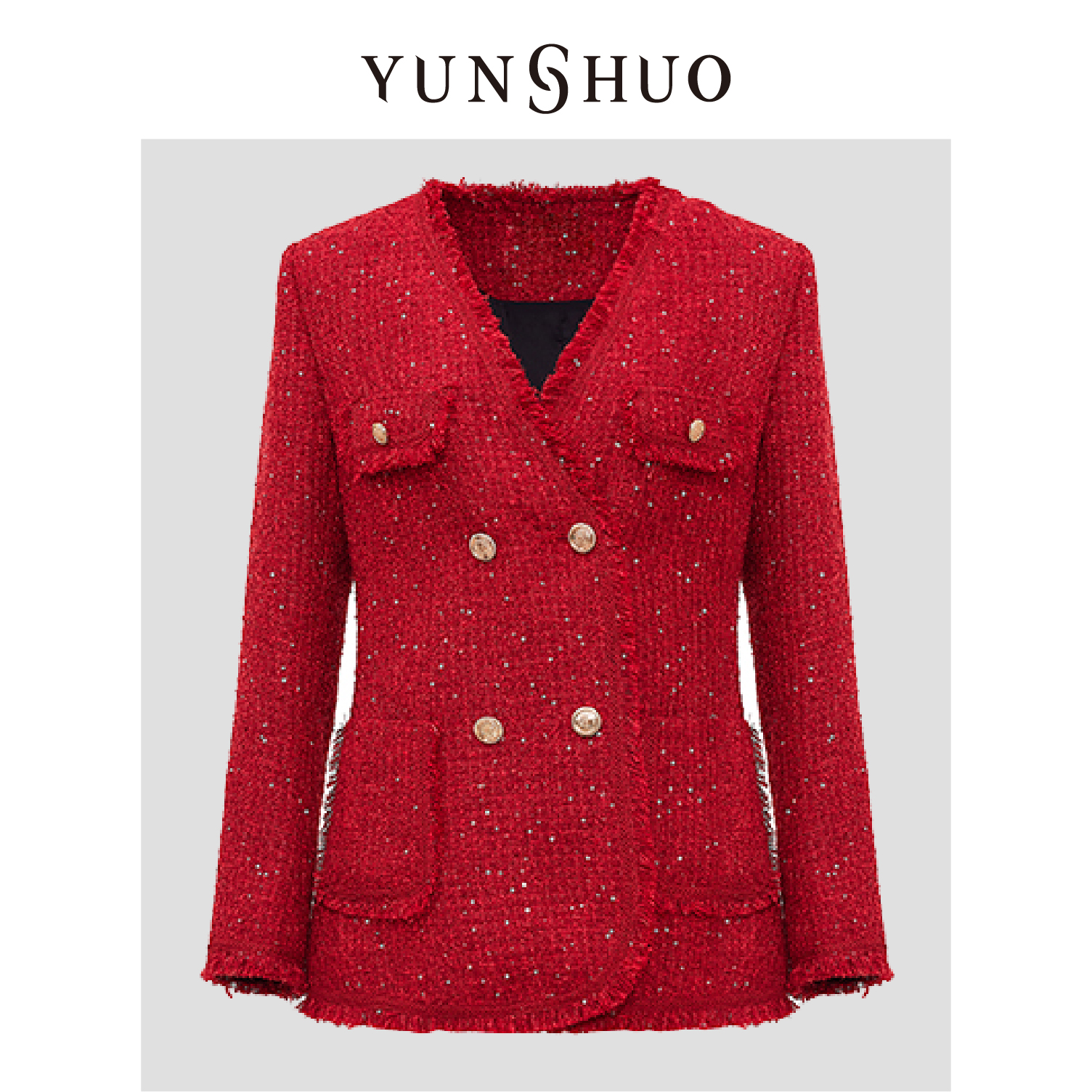 允硕春季新品红色外套春节战袍时尚小香风百搭女上衣外套456149