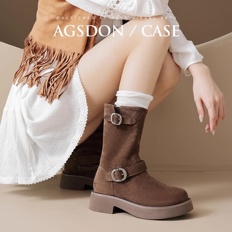 644129金属扣马丁靴女新款秋冬厚底美拉德西部复古堆堆短靴