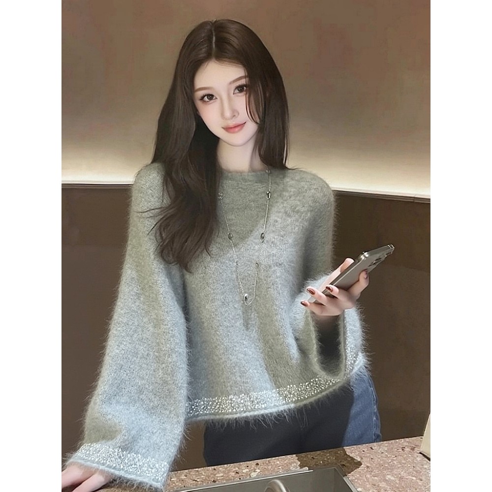 高端小资小上衣宽松慵懒风软糯针织上衣洋气灰色套头毛衣女2025冬