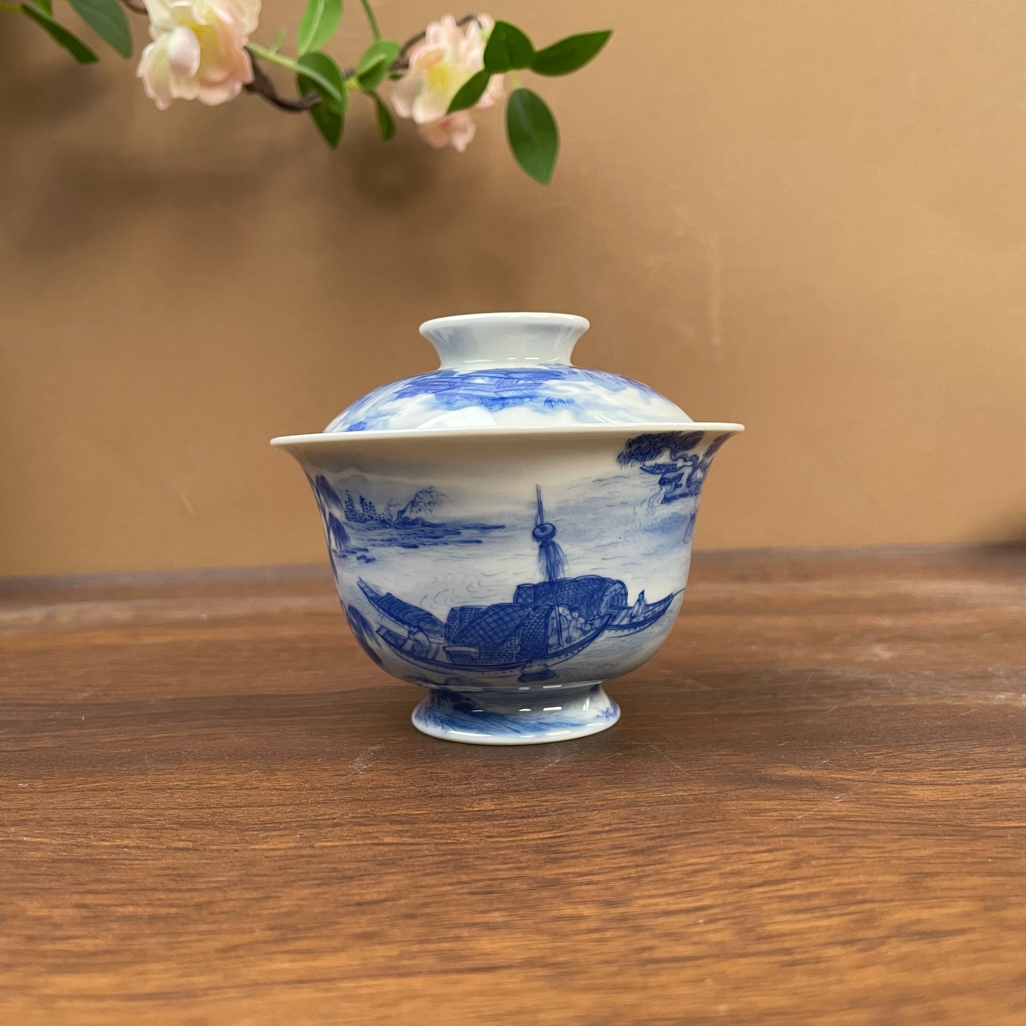 【九茗珍藏】林意宋画山水一帆风顺盖碗 手工手绘景德镇茶具