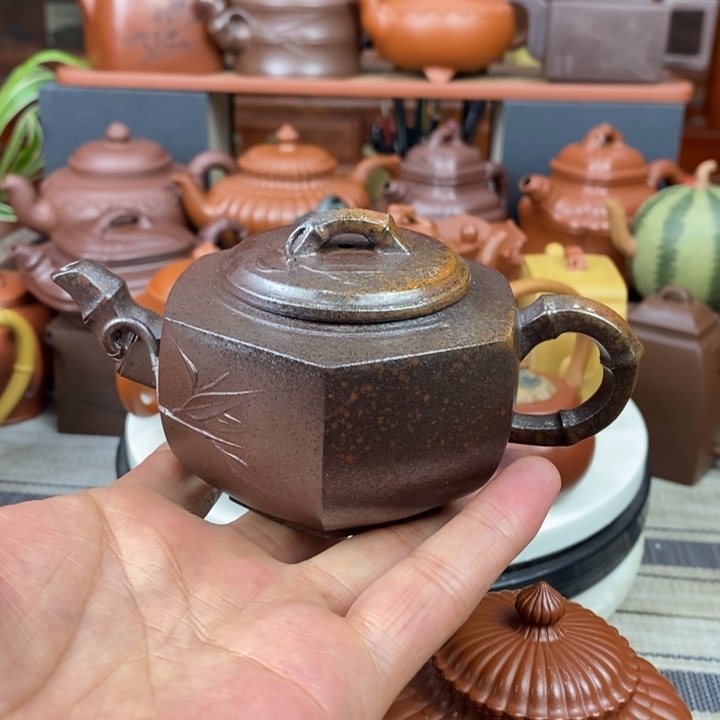 紫砂茶壶六方竹节180CC原矿老紫泥柴烧特价