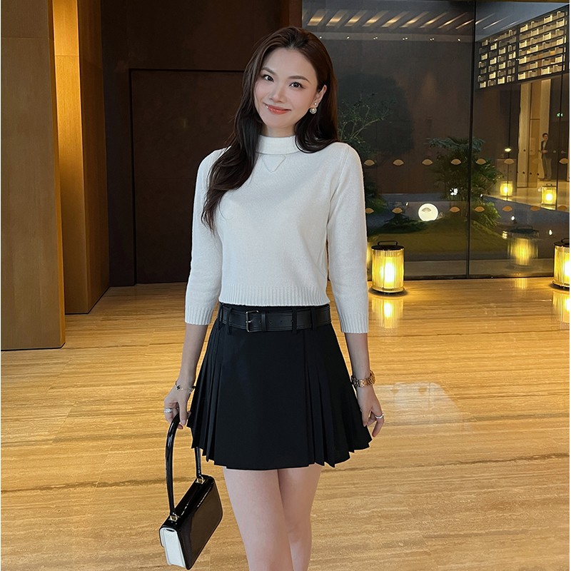 琳媚新品时尚休闲半高领针织衫七分袖上衣女